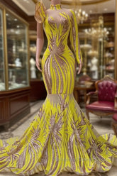 Chic Yellow Long Mermaid High Neck Tulle Lace Semi Formal Dresses with Sleeves